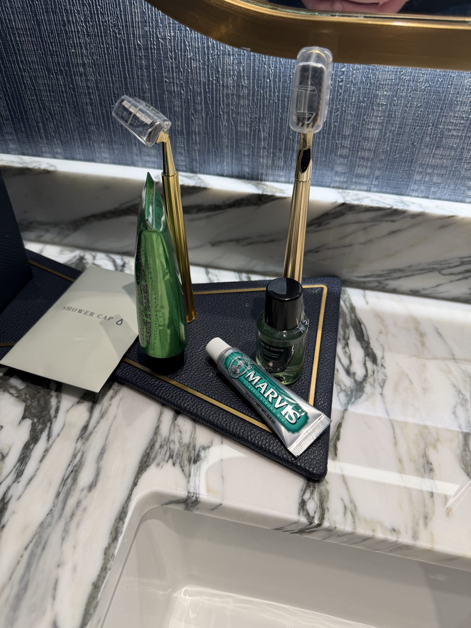 Luxury bathroom amenities tray with Marvis toothpaste at Fontainebleau Las Vegas