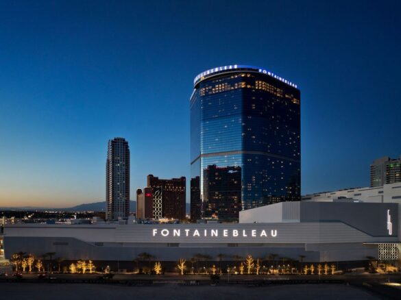 Fontainebleau Las Vegas hotel tower exterior illuminated at dusk