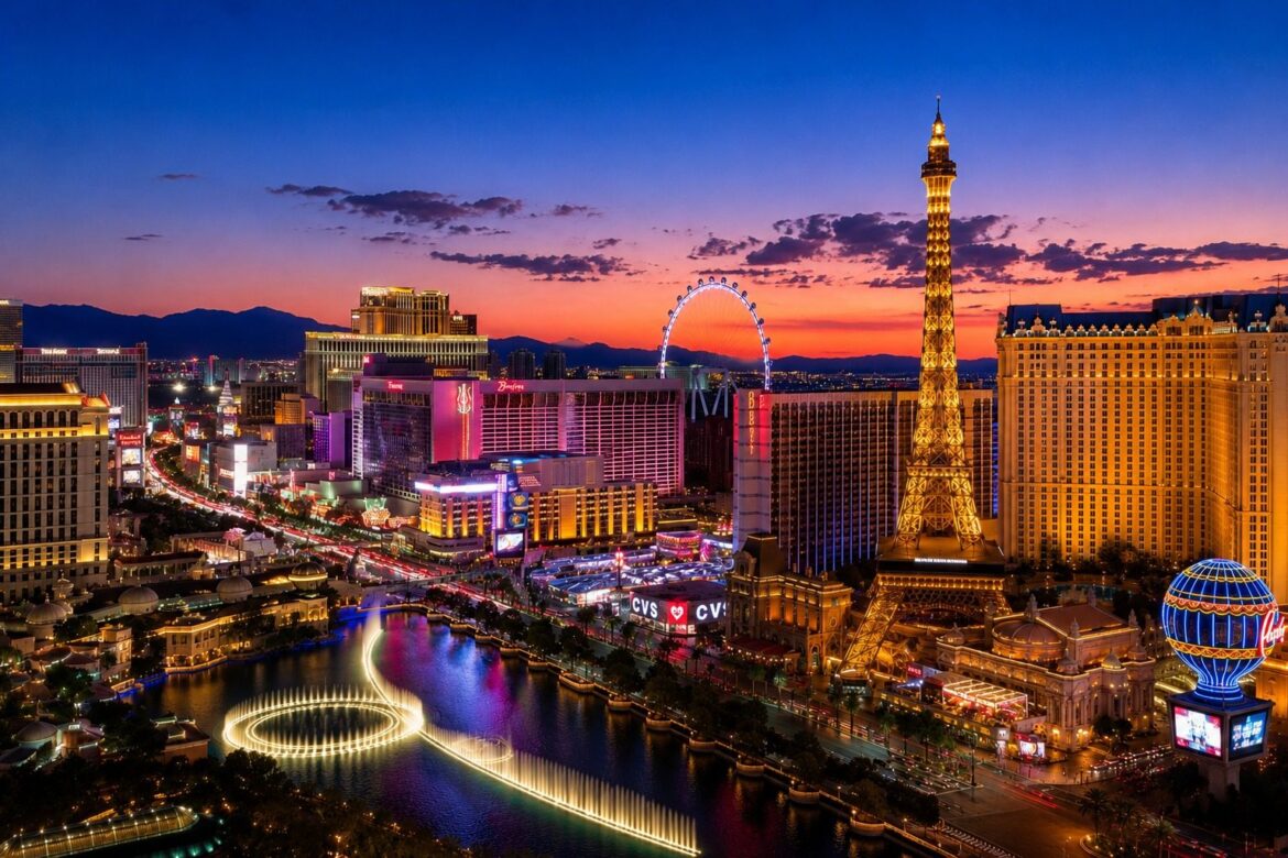 Las Vegas Strip skyline at dusk with the Bellagio fountains and Paris Las Vegas Eiffel Tower
