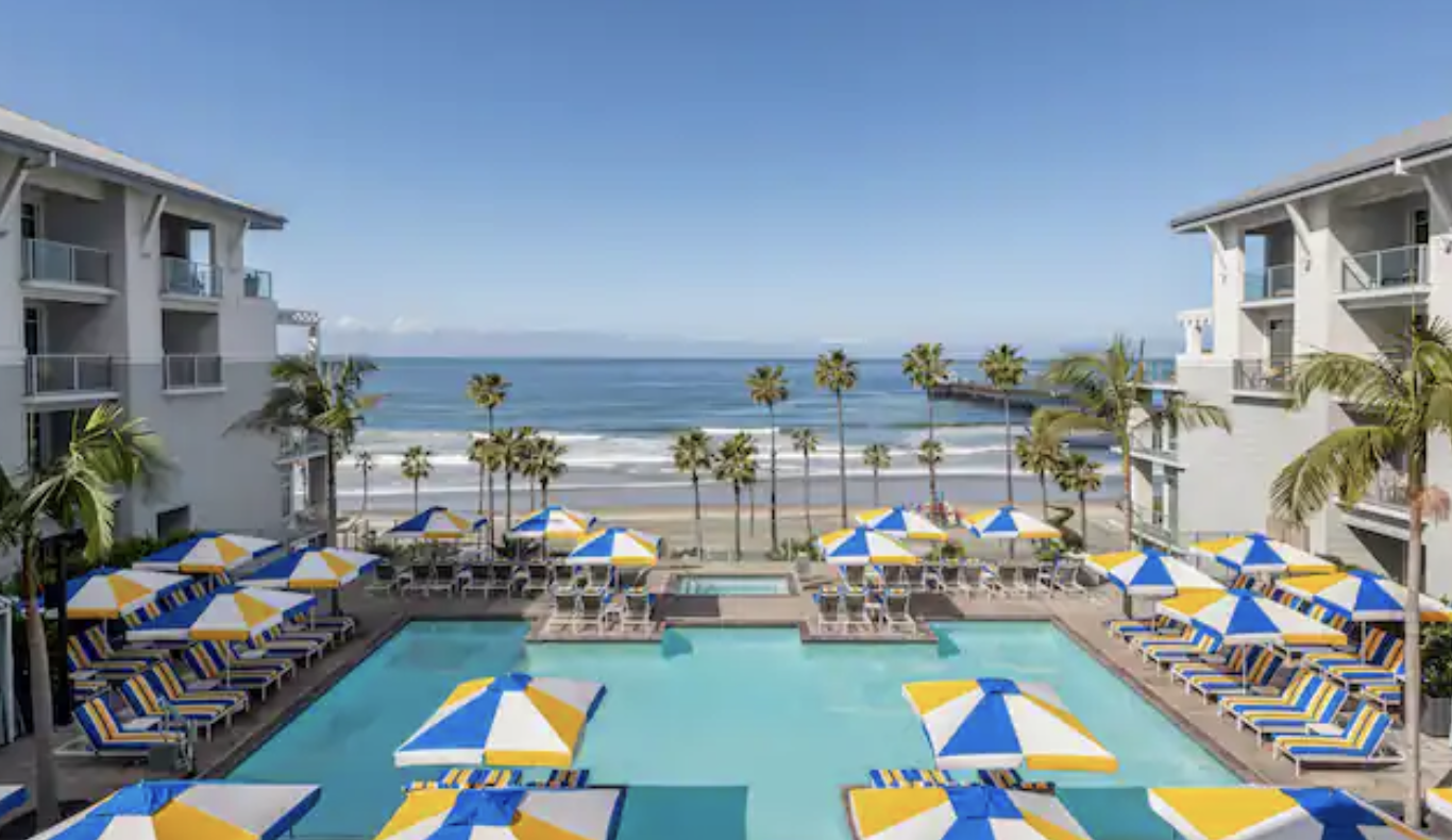 The Seabird Ocean Resort in Oceanside with its pool, striped umbrellas and view of the Pacific